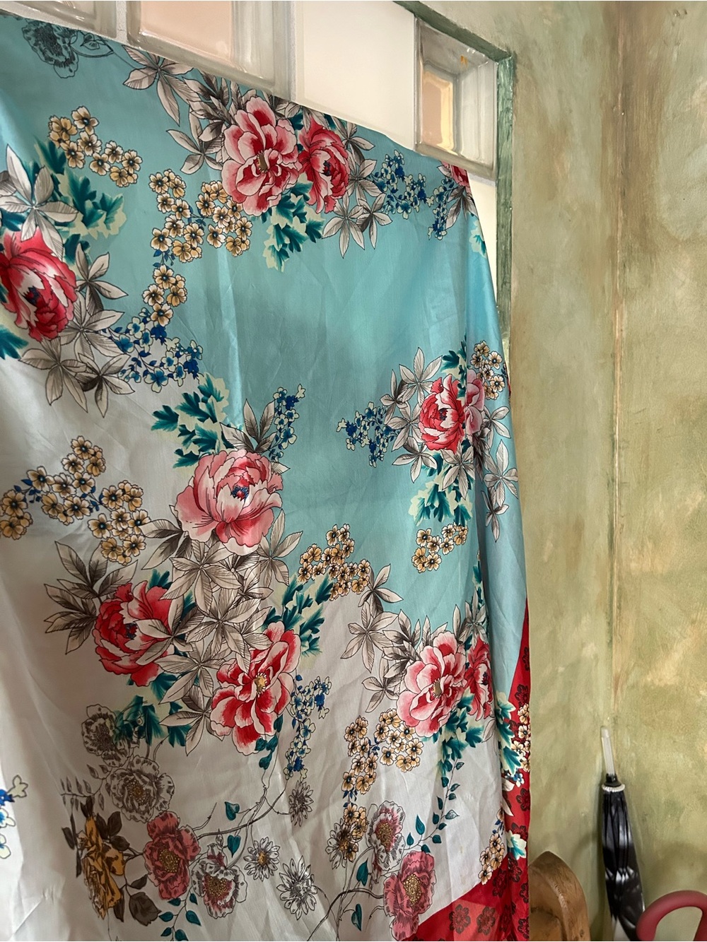 Johnny Was Silk Floral Tassel Border Scarf in Aqua and Red - Picture 5 of 7